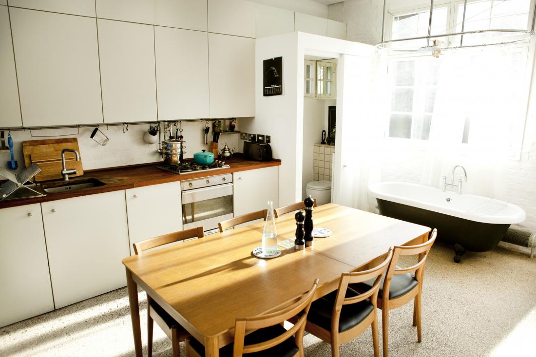 Kitchen And In Simple Kitchen And Dining Space In The Stylish London Home With White Cabinets And Long Wooden Table House Designs  Modern Home Design Comes With Unusual Design 