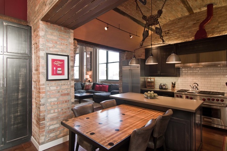 Industrial Kitchen Exposed Sleek Industrial Kitchen Design With Exposed Brick Wall In West Loop Loft Applied Also Wooden Kitchen Table Interior Design  Rustic Interior Design Intended To Make Mild Atmosphere 