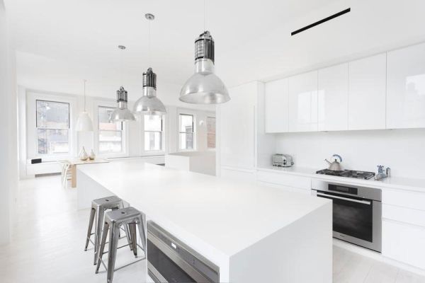 Kitchen Design Apartment Sleek Kitchen Design In Flatiron Apartment Loft With Triple Metal Pendant Lamps Above Island With Granite Countertop Decoration  Minimalist White Loft Designs With Classic Look To Express Your Self 