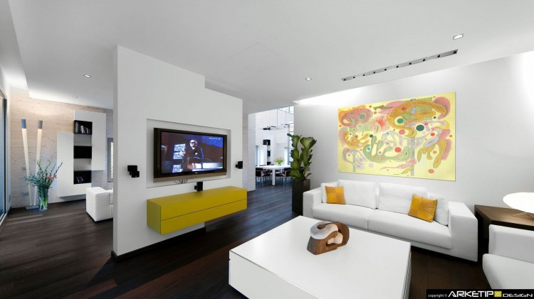 Living Room C Sleek Living Room In Loft C Milano With White Coffee Table And White Sofa Also Mounted Wall TV With Yellow Stand Decoration  Loft Decorating Ideas Applied With Inviting Color Effects 