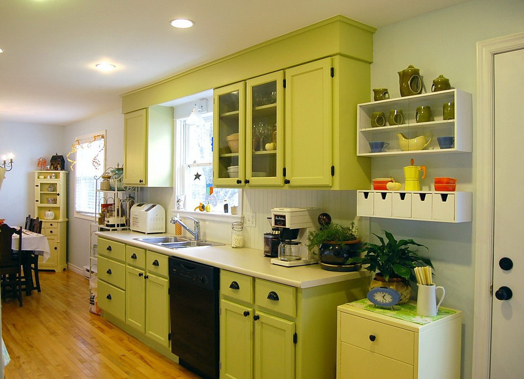 Green Kitchen In Small Green Kitchen Cabinets Design In Contemporary Style Made From Wooden Material And White Kitchen Countertop Kitchen Green Kitchen Cabinets In Appealing Design For Modern Kitchen Interior