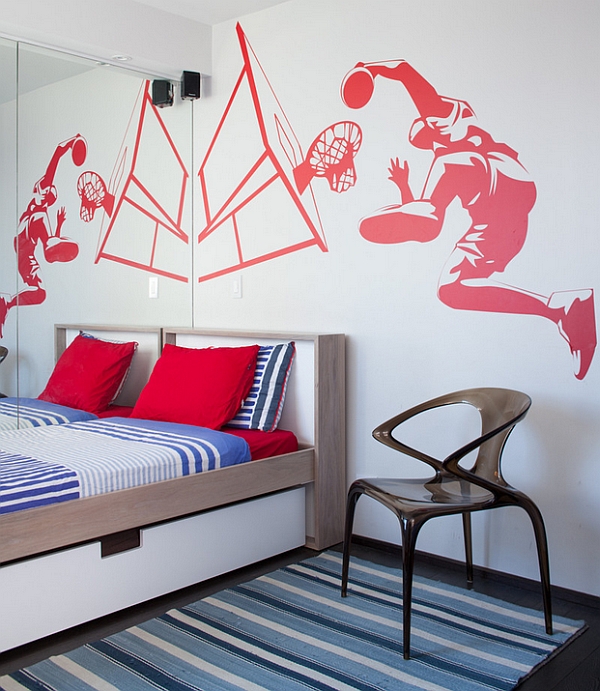 Placed Mirror Impact Smartly Placed Mirror Enhances The Impact Of The Wall Mural Equipped With Stripped Pattern Of Rug Design Ideas Decoration  Sport Wall Mural Theme In Various Ideas 