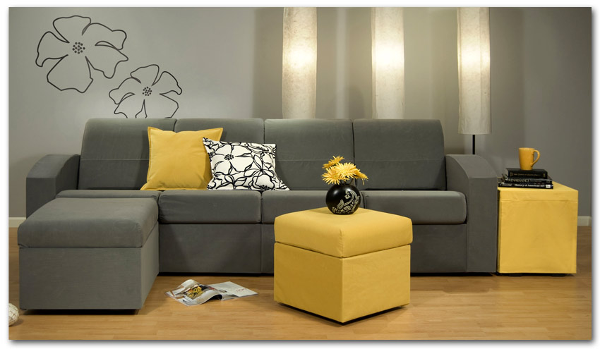 Small Sectional Yellow Striking Small Sectional Sofa With Yellow Cushions In Living Room Combined With Grey Sofa Furniture Made From Fabric Material In Modern Style Furniture  Small Sectional Sofa For Homey Relaxation 