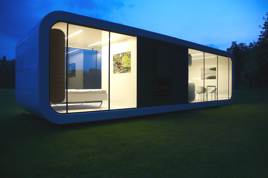 Building Design Home Stunning Building Design Of Mobile Home With Transparent Wall Made From Glass Panels And Bright Soft Yellow Lighting Inside House Designs  Inspiring Minimalist Studio Built In Large Green Lawn 