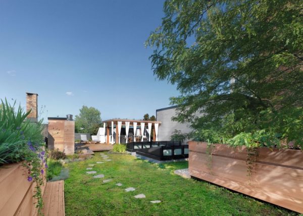 Landscape Located Canvas Stunning Landscape Located Outside White Canvas On A Green Roof Residence With Small Stone Pathway And Grass Yard Garden  Roof Garden Brings Harmony Sensation In Montreal 