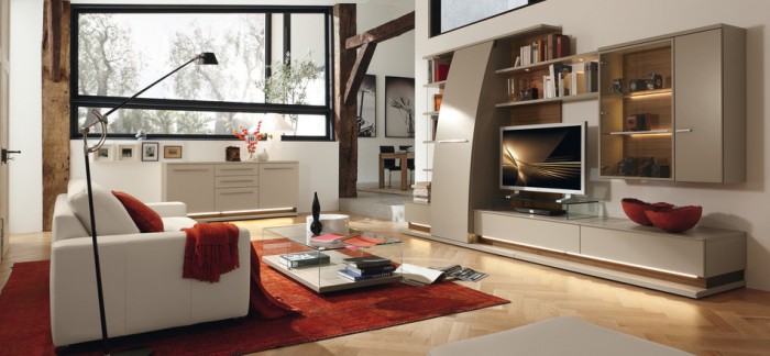Modern Living Design Stylish Modern Living Room Interior Design In Excellent Color Scheme Combining Red Rug And Throw With White Sofa And Grey Cabinet Living Room  Living Room Furnished With Ultramodern Wardrobes 