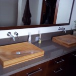 Wooden Sinks Shape Stylish Wooden Sinks In Rectangular Shape Design With Minimalist Faucet Added To Complete Wooden Vanity With Rectangular Mirror Above  Elegant Wood Design Applied In Minimalist Style And Design 
