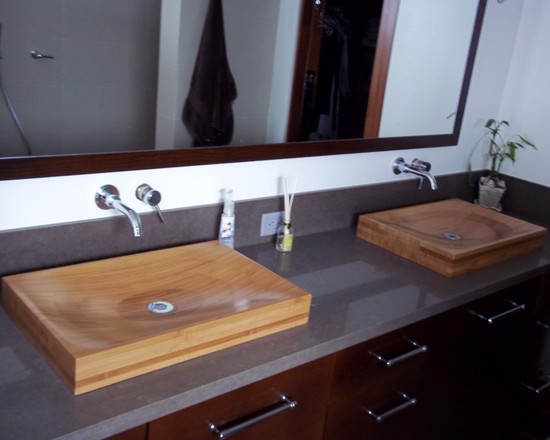 Wooden Sinks Shape Stylish Wooden Sinks In Rectangular Shape Design With Minimalist Faucet Added To Complete Wooden Vanity With Rectangular Mirror Above Furniture  Elegant Wood Design Applied In Minimalist Style And Design 