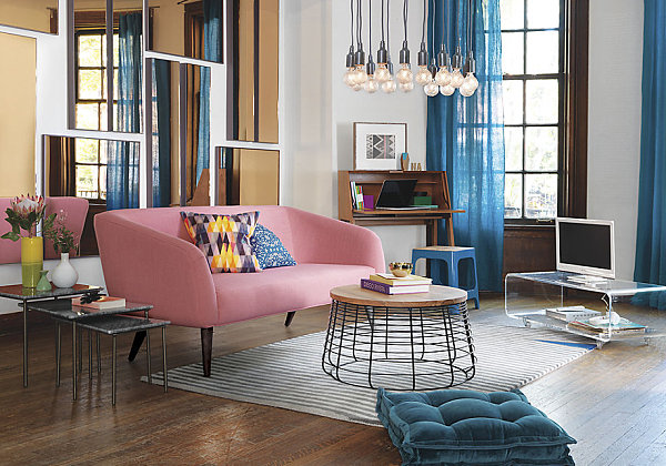 Modern Living Colorful Surprising Modern Living Room With Colorful Touches Supported By Pink Sofa Glass Rectangular Table And Seep Blue Curtains  Accessory Ideas In Contemporary Room Concept Decoration 