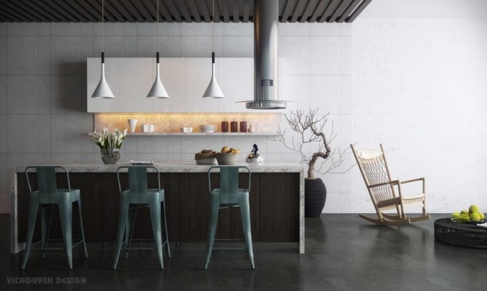 Stool Design In Three Stool Design Idea Applied In Living Room Design Finished With MOdern Range Hood And Three Lamps Unit Kitchen  Kitchen Space With Eat-in Feature 