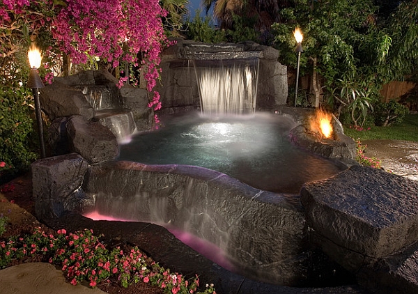 Torches Add Natural Tiki Torches Add To The Natural Ambiance Of The Waterfall Pool With Best Water Features And Stone Material Outdoor  Inspiring Outdoor Designs With Tiki Torches 
