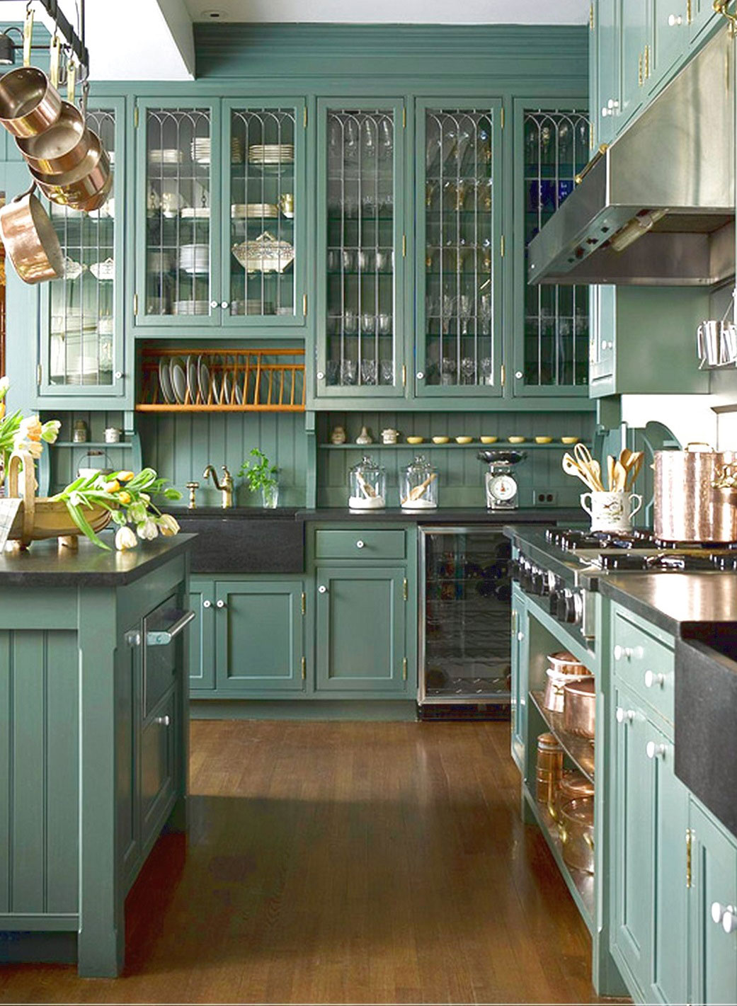 Green Kitchen Made Traditional Green Kitchen Cabinets Ideas Made From Wooden Material Combined With Glass Cabinet Door And Black Countertop Kitchen Green Kitchen Cabinets In Appealing Design For Modern Kitchen Interior