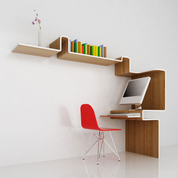 Bookshelf Designs Interior Unique Bookshelf Designs In White Interior Decoration Modern Home Office With Stylish Learning Desk Red Chair Decoration  Bookshelf Design In Unique Design And Idea 