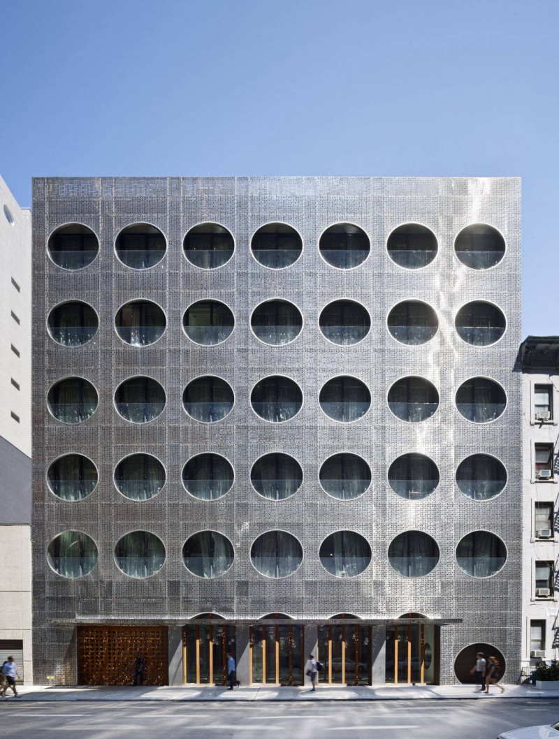 Prefabricated Dream Construction Unique Prefabricated Dream Downtown Hotel Construction In Circle Perforated Wall Building In Grey And Wooden Combination At Ground  Architecture  Amazing Hotel Building With Metal Panels 