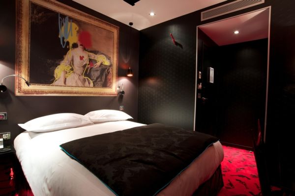 Wall Art Vice Unusual Wall Art Completing The Vice Versa Hotel Paris Bedroom With Black Wall And White Mattress House Designs  Hotel Interior Design Some Modern Hotel In Paris 