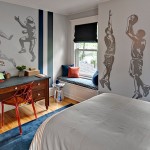Graphics Steal In Wall Graphics Steal The Show In This Bedroom Equipped With Wooden Flooring With Blue Rug Design Ideas And White Wall Idea Decoration  Sport Wall Mural Theme In Various Ideas 