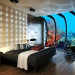 Discus Bedroom Bed Water Discus Bedroom In Black Bed White And Red Blanket On Wood Floor Futuristic Bubble Cream Headwall Decoration And Underwater Scenery Decoration  Stunning Undersea Hotel Project In Unbelievable Design 