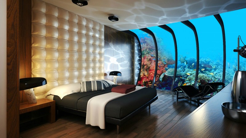 Discus Bedroom Bed Water Discus Bedroom In Black Bed White And Red Blanket On Wood Floor Futuristic Bubble Cream Headwall Decoration And Underwater Scenery Decoration  Stunning Undersea Hotel Project In Unbelievable Design 