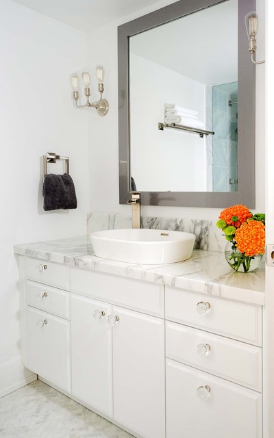 Dresser With Featured White Dresser With Marble Top Featured With Above Mount Sink And Stainless Steel Faucet In Powder Room Furniture  Elegant White Dresser Design Which You Prefer 