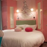 Bed Located Versa Wide Bed Located In Vice Versa Hotel Paris Bedroom With Pink Wall And Bright Lamps Hanged Above It House Designs  Hotel Interior Design Some Modern Hotel In Paris 