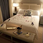 Bed And In Wide Bed And Cream Bench In Love Bedroom For Valentines Day With White Nightstands And Bright Table Lamps Bedroom  Bedroom Interior For Romantic Valentine’s Day 