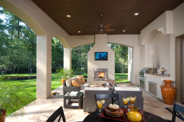 Contemporary Patio With Wide Contemporary Patio Design Completed With Rattan Sofas And Glossy Fireplace Under Brown Propeller On Wooden Ceiling Outdoor  Outdoor Furniture In Some Divergent Places 