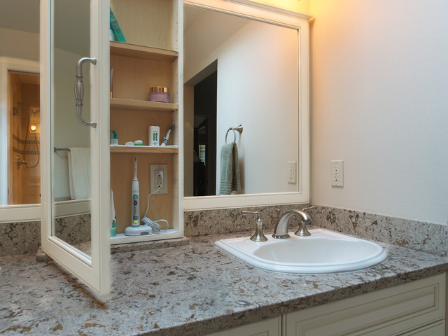 Mirror And Wall Wide Mirror And White Bathroom Wall Cabinets In Bathroom With Granite Countertop And White Vanity Bathroom  Bathroom Wall Cabinets With Bright Color Accent 
