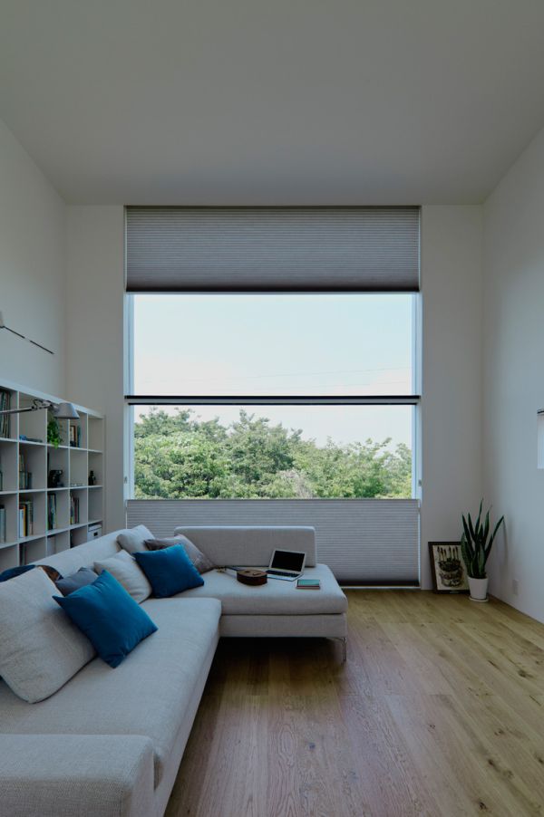 Shutter Applied Wide Wide Shutter Applied On The Wide Glass Walls Inside Japan Cube House Family Room With Long Sofa Chaise Architecture  Modern Simple House In Ecological Building Construction 