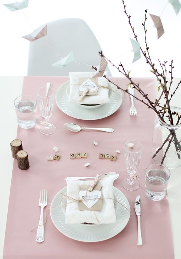 Table Using Me Wide Table Using You And Me Love Decor With Pink Mat And White Plates Near White Chair Decoration  Tablescape Design For Celebrating Valentine’s Day 