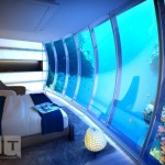 Blue And Discus Wonderful Blue And White Water Discus Bedroom On Grey Furry Rug And Rest Sofa Facing Picturesque Underwater Scenery Through Transparent Wall Decoration  Stunning Undersea Hotel Project In Unbelievable Design 