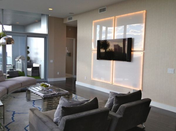 Tv Wall Lighting Wonderful Tv Wall Mount Led Lighting Applied Inside Contemporary Sitting Space With Gray Sofa And Chairs Living Room  Living Room Interior Ideas For Comfortable Seating Area 