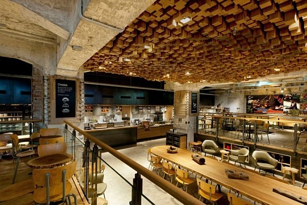 Sticks On Instead Wood Sticks On The Ceiling Instead Of Modern Vault Decoration  Cafe Design Concept With Wooden Materials From Starbucks Coffee Lab 