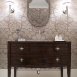 Near Floral Framed Wood Near Floral Wallpaper Also Framed Wall Mirror Between Two Lamps Bathroom  Modern Vanity Dresser For Various Room Themes 