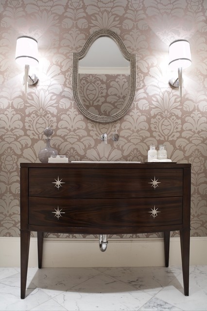 Near Floral Framed Wood Near Floral Wallpaper Also Framed Wall Mirror Between Two Lamps Bathroom  Modern Vanity Dresser For Various Room Themes 