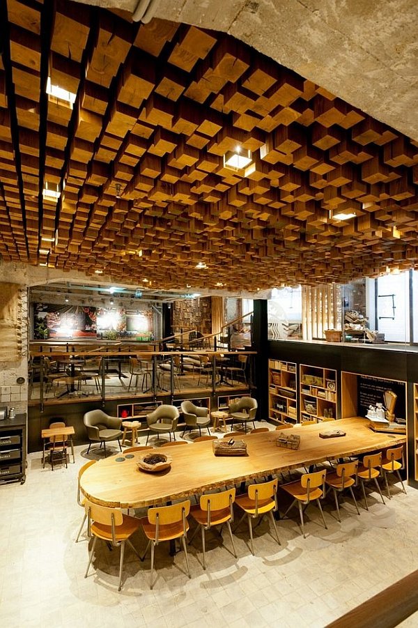 Sticks On And Wooden Sticks On The Ceiling And Wood Dressers Instead Of Vault Decoration  Cafe Design Concept With Wooden Materials From Starbucks Coffee Lab 
