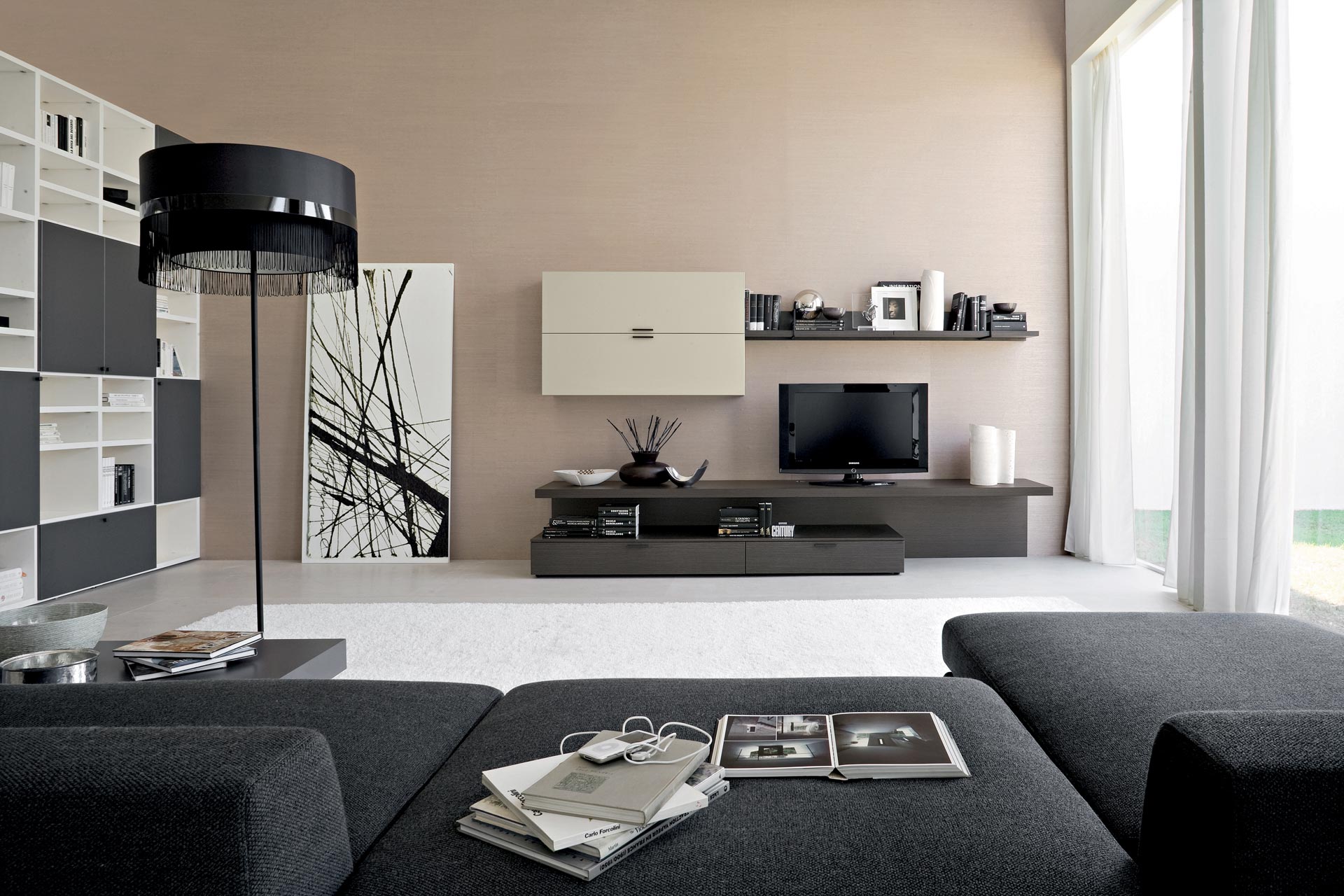 White And In Admirable White And Black Interior In Contemporary Living Room Furnished With Black Sofa And Flooring Stand Lamp On White Soft Rug Living Room Attractive Contemporary Living Room Design