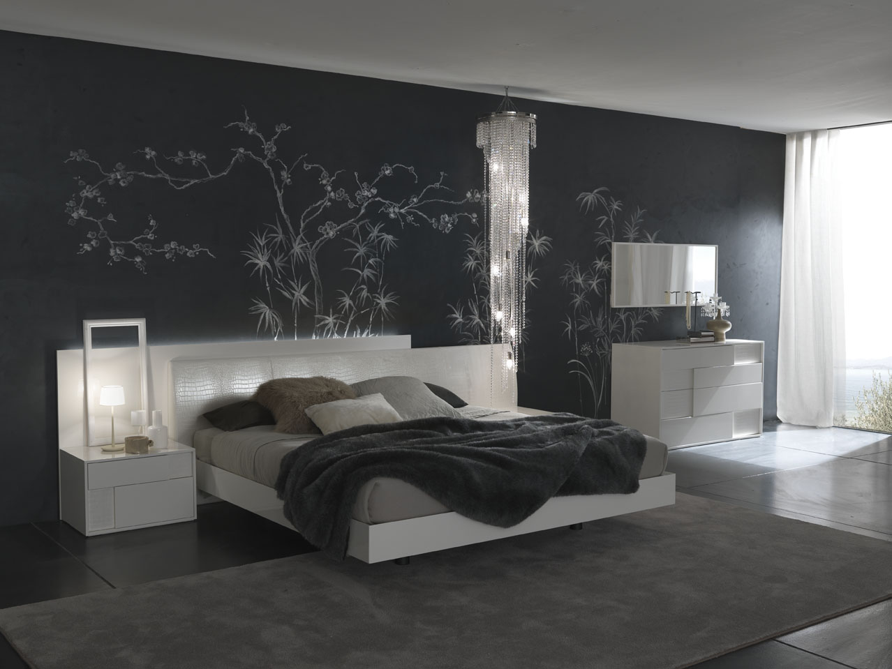 Black White Ideas Adorable Black White Men's Bedroom Ideas With Tree Wall Decal Furnished With King Bed And Nightstand Completed With Rug And Crystal Chandelier Lighting Bedroom Mens Bedroom Ideas: The Design Character