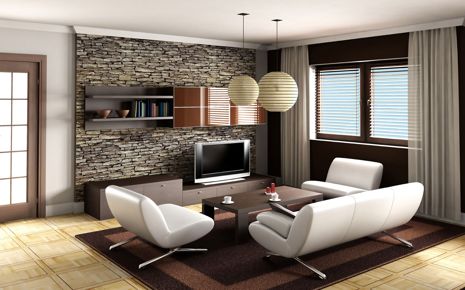 Brown Living Ideas Adorable Brown Living Room Design Ideas With Ball Pendant Lamps Furnished With Sofa And Armless Chairs In White Completed With Dark Brown Table On Thick Rug Living Room Living Room Design Ideas Which Is Designed For Modern House