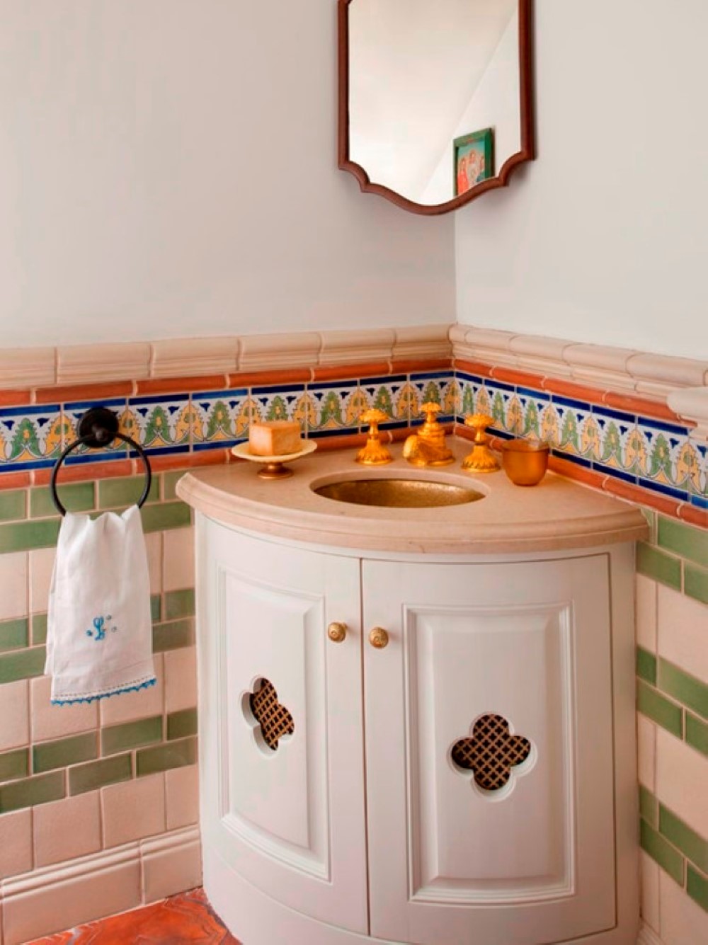 Color Wainscoting Mixed Adorable Color Wainscoting Tile Design Mixed With Orange Metal Faucet In Moroccan Bathroom Sink Cabinet Bathroom Bathroom Focal Point With Splendid Bathroom Sink Cabinets