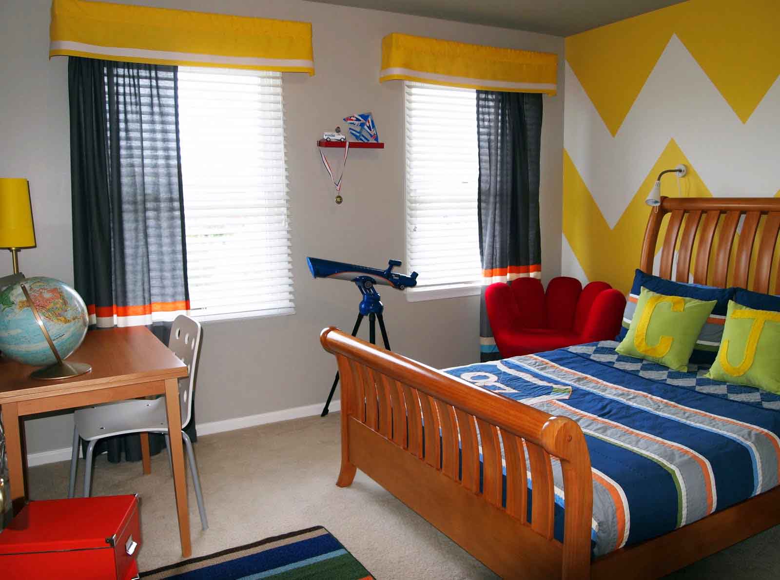 Kids Bedroom And Adorable Kids Bedroom Applying White And Yellow Accent Wall Color Matched With Black Kids Room Curtains Completed With Wooden Platform Bed Also Desk And Furnished With White And Red Chair Decoration The Better Appearance Through The Kids Room Curtains