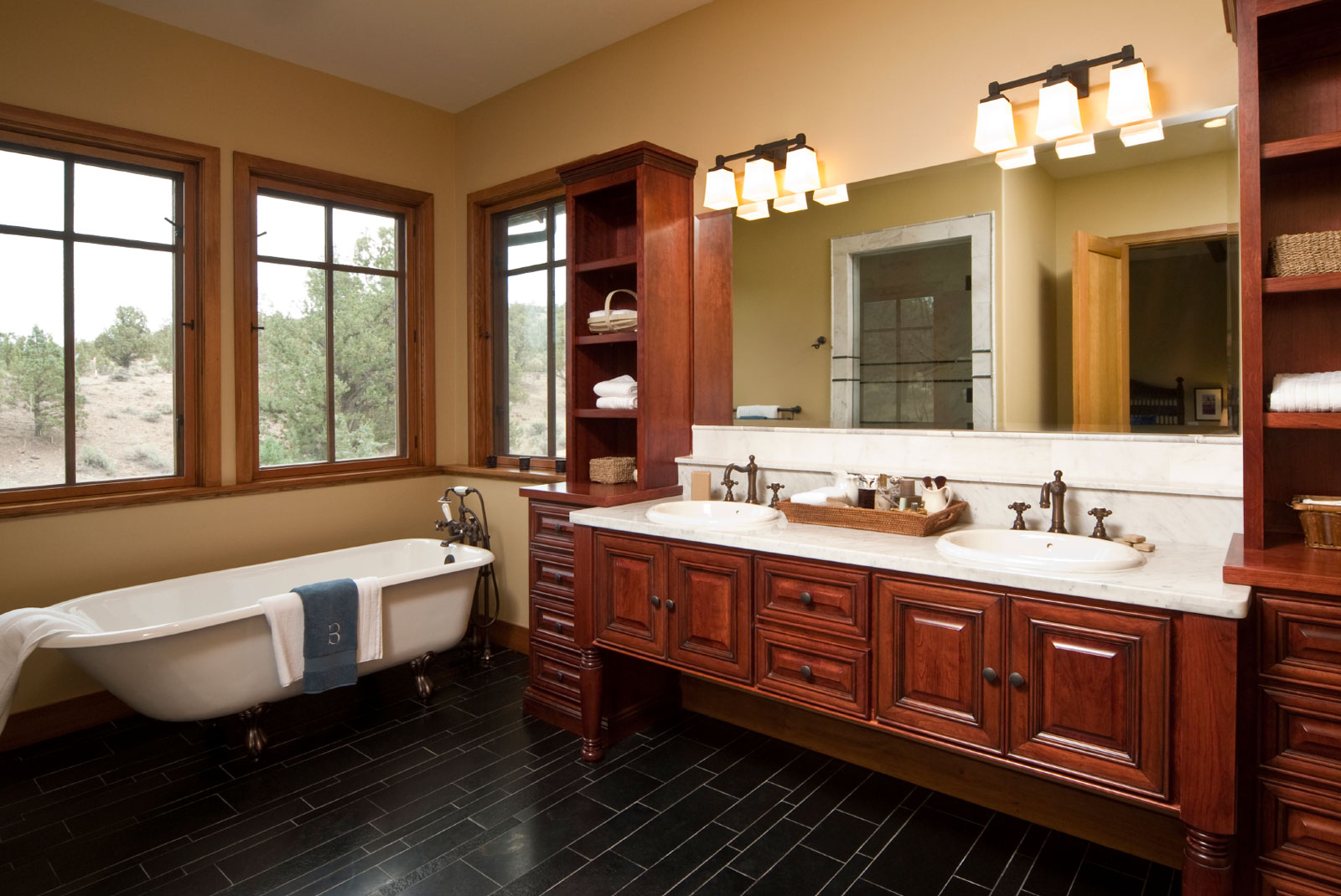 Master Bathroom Black Adorable Master Bathroom Designs Applying Black Flooring Tile With White Free Stand Bathtub Furnished With Dark Brown Vanity Double Sink And Completed With Wall Sconces Bathroom 15 Master Bathroom Design With Sophisticated Decor Accents