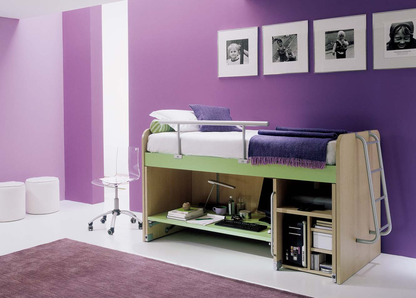 Purple Room Kids Adorable Purple Room Design Of Kids Bedroom With Single Bed Combined With Cupboards Completed With Thick Kids Room Rugs And Furnished With Ghost Chair Kids Room Rugs: Between Classic And Modern Style