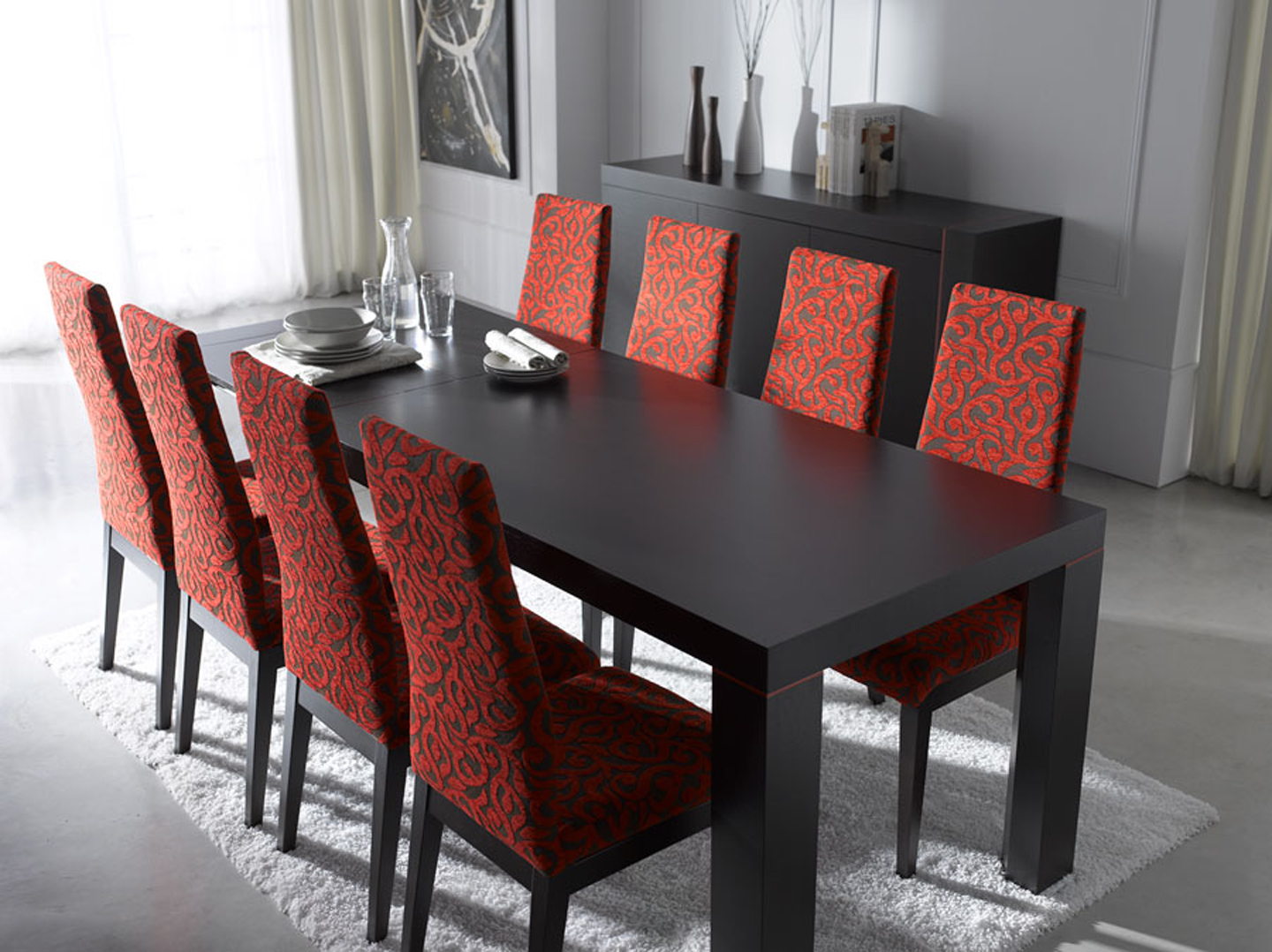 Red Chairs Black Adorable Red Chairs Matched With Black Table On White Rug Of Contemporary Dining Room Sets Completed By Plates And Cups And Furnished With Cupboard Dining Room The Design Contemporary Dining Room Sets