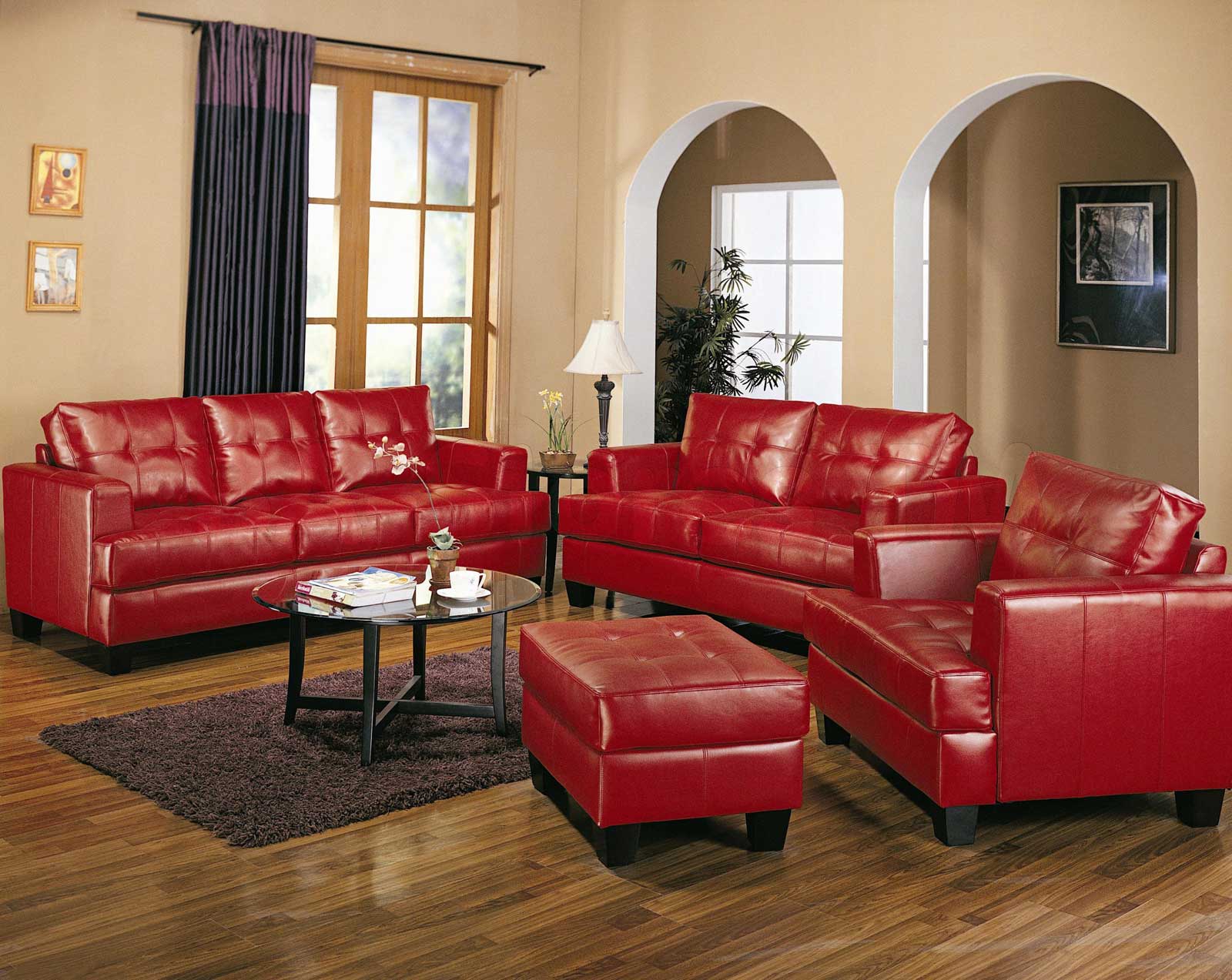 Red Sofa Of Adorable Red Sofa And Loveseat Of Living Room Furniture Sets Furnished With Chair Plus Ottoman And Completed With Glass Round Table On Soft Rug Furniture The Best Living Room Furniture Sets