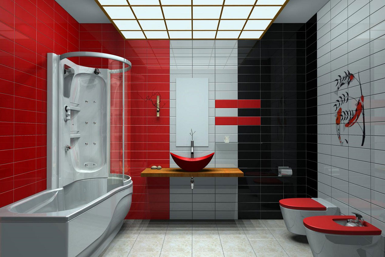 Red Vessel Superb Adorable Red Vessel Sink And Superb Colorful Tile Backsplash In Stupendous Modern Bathroom Bathroom Modern Bathroom Interior Designs That Make Elegant And Luxurious Statement