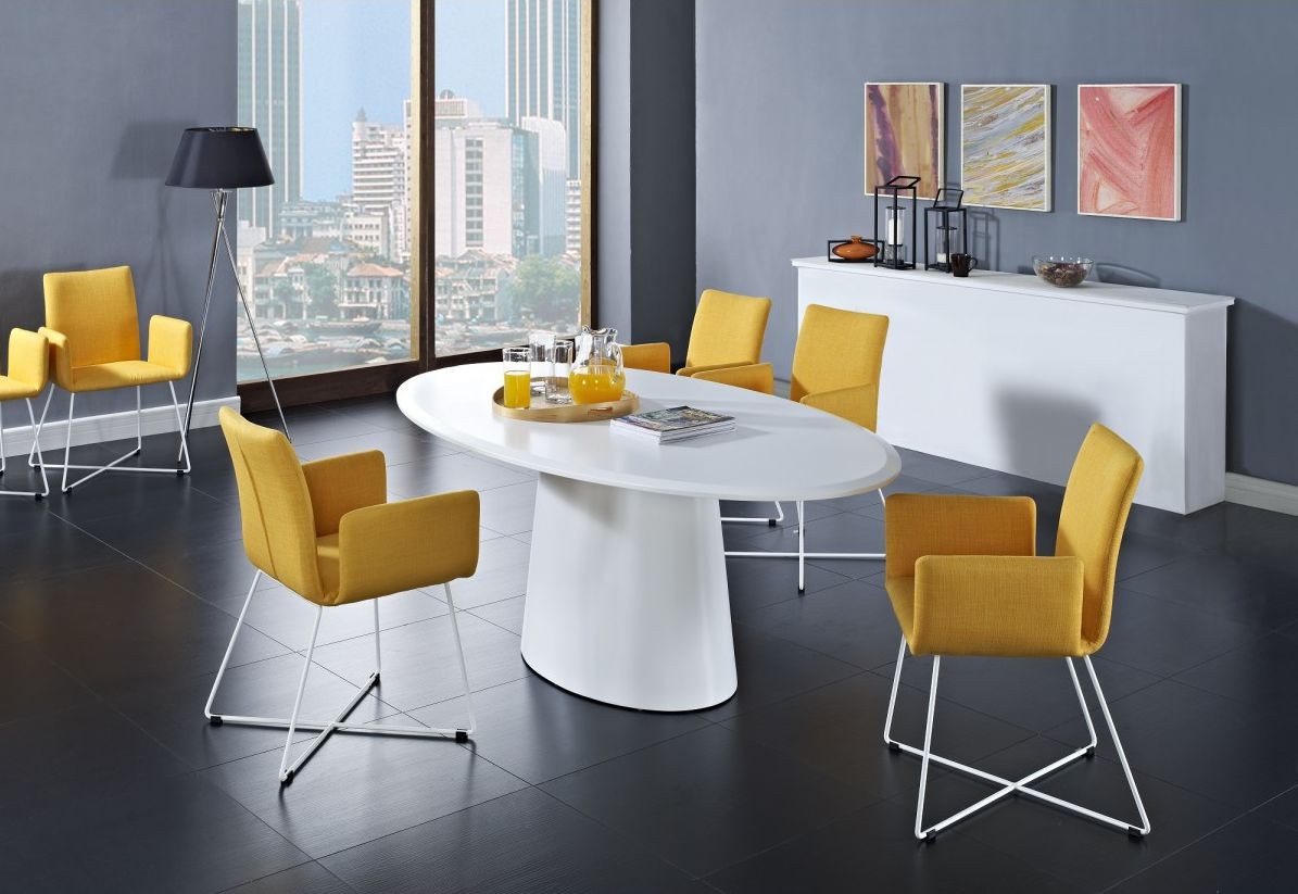 White And Of Adorable White And Yellow Furniture Of Modern Dining Room Sets Matched With Black Flooring Tile And Grey Accent Wall Color Furnished With Oval Dining Table And Chairs Dining Room The Best Modern Dining Room Sets