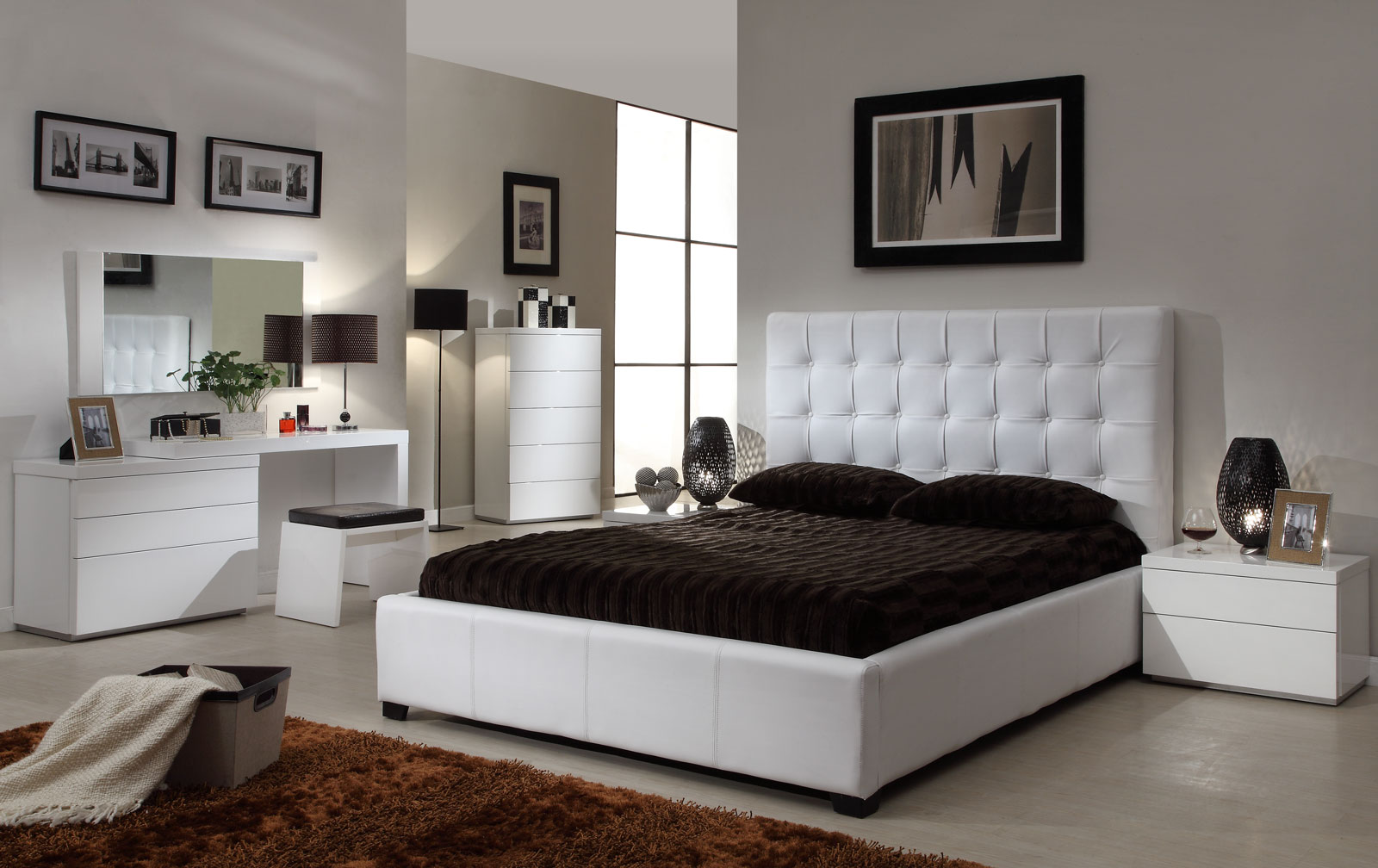 White Color In Adorable White Color Room Ideas In Bedroom With Tufted Headboard Of Queen Bedroom Sets Matched With Black Pillows Also Cover Bed And Furnished With Double Night Lamps Bedroom Queen Bedroom Sets For The Modern Style