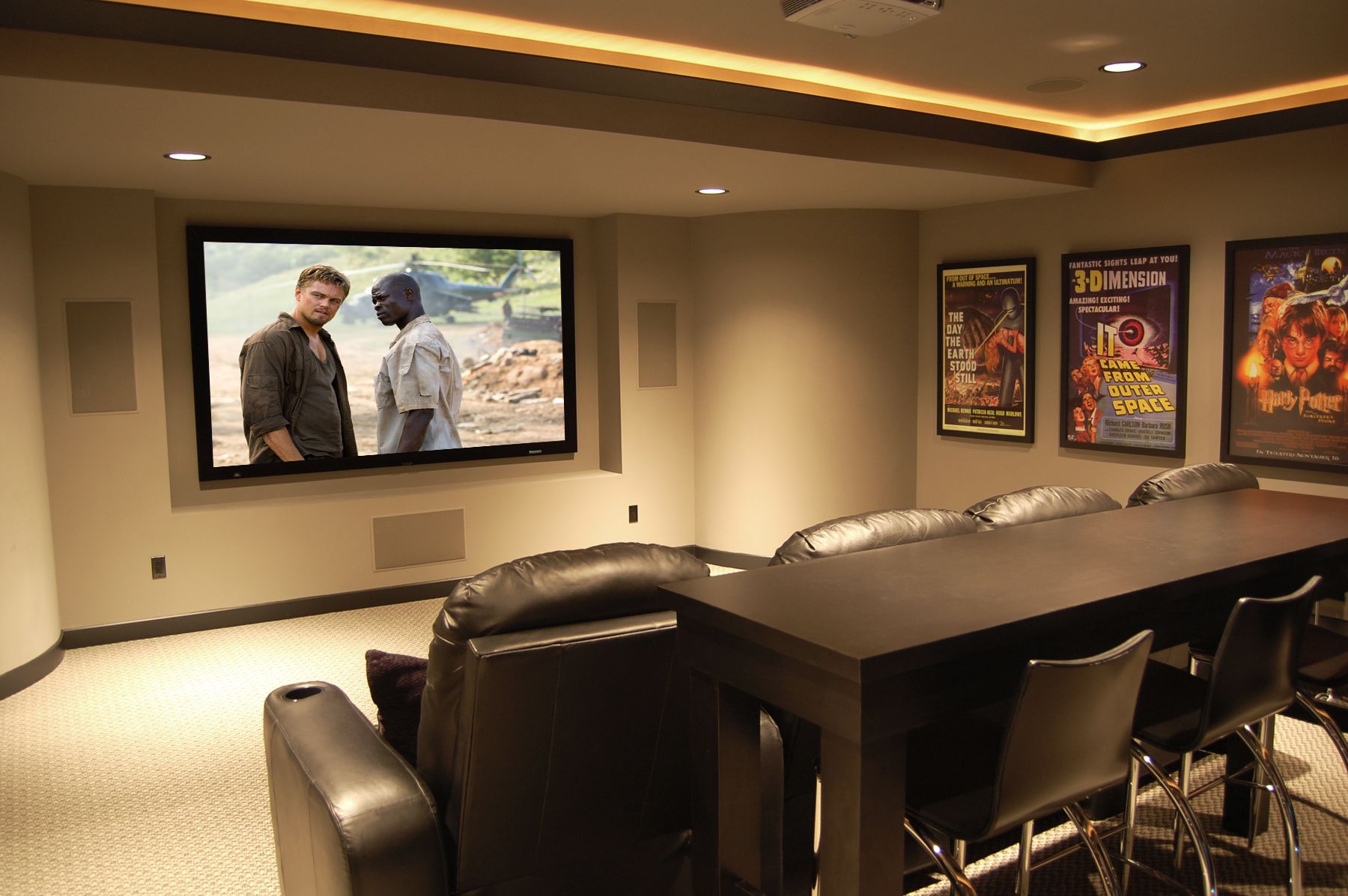 Media Room A Aesthetic Media Room Ideas In A Simple Media Room With Flat Screened TV Four Cushioned Seats Two Chairs And Some Movie Posters Decoration Decorative Media Room Ideas In Contemporary Design