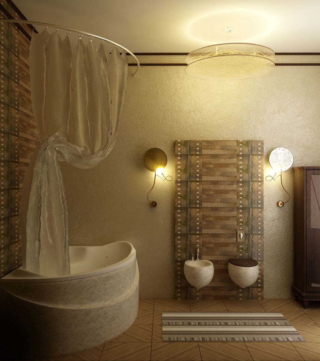 Hot Tub Curtain Alluring Hot Tub With Curvy Curtain Combined With Faux Wood Bathroom Tile Design And Floating Flushes Bathroom Bathroom Tile Ideas To Make The Best Bathroom Design