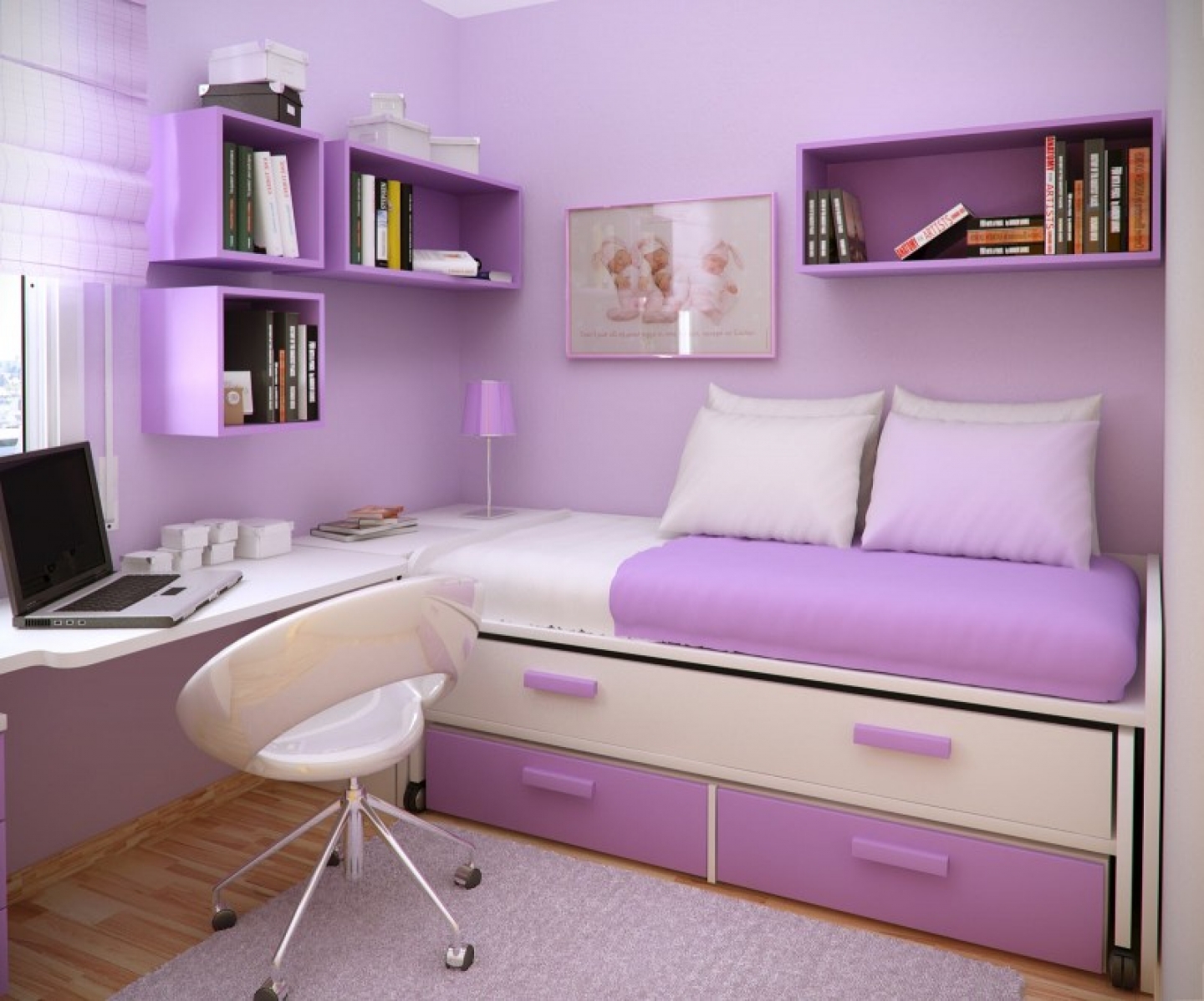 Wall Color Storage Alluring Wall Color And Cubicle Storage For Tiny Purple Teen Girl Room Ideas With Floating Desk Interior Design Beautiful Teen Girl Room Interior Design Embellished With Charming Wall Decor